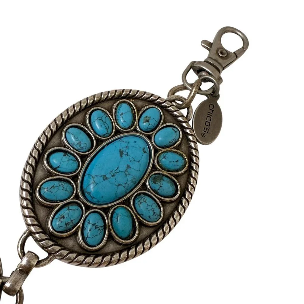 Chico's Link Belt Faux Turquoise Medallion Silvertone Chain Western Concho
